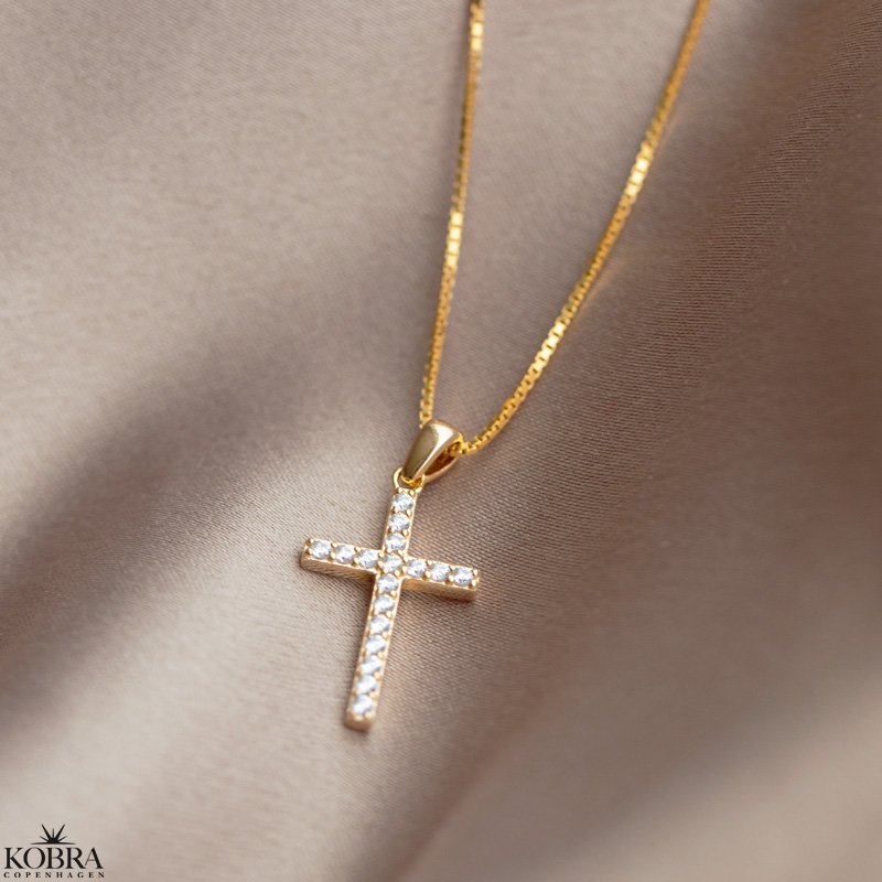"Alina" fine cross necklace in gold with stones