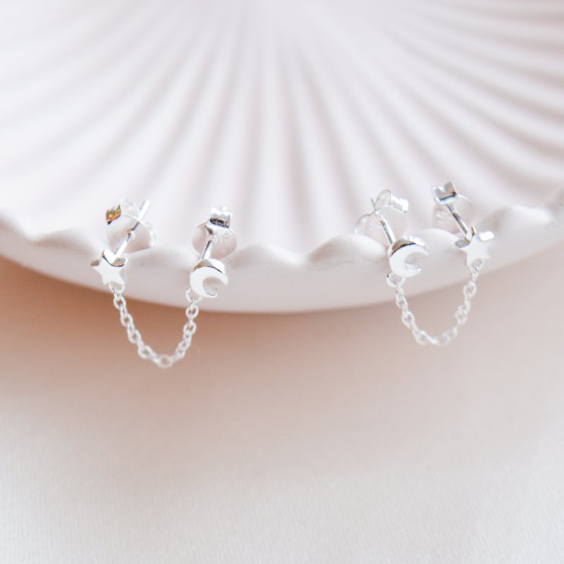 "Cassie" silver earrings with star/moon for 2 holes