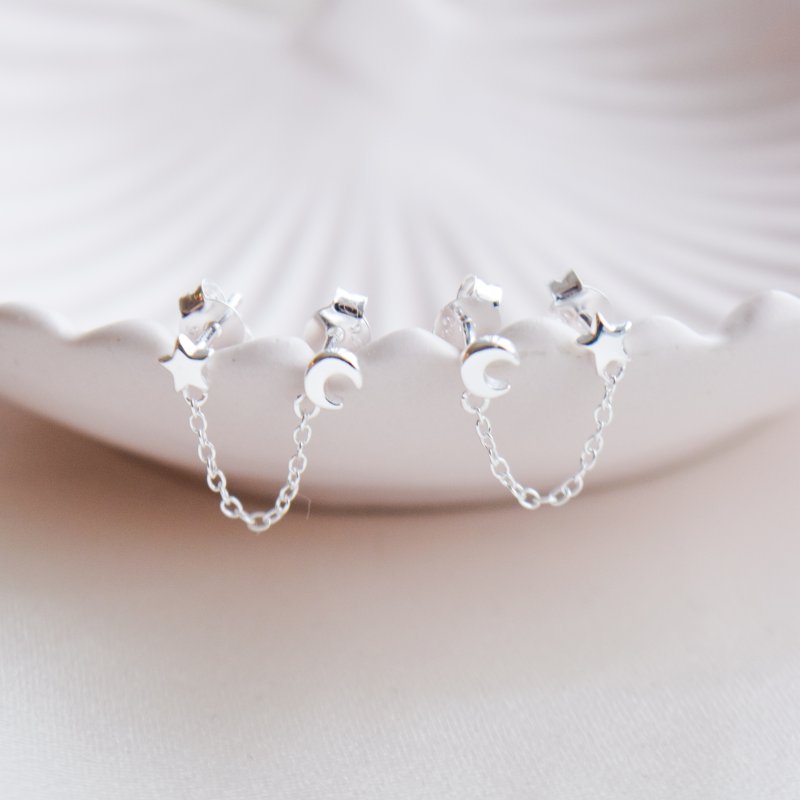 "Cassie" silver earrings with star/moon for 2 holes