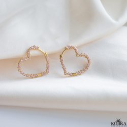 "Mikami" large gold heart earrings with pink stones