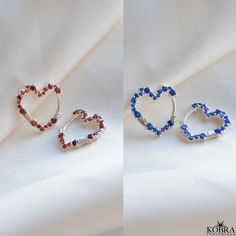 "Mikami" sm slv hjerte reringe med rde eller bl sten