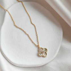 "Fleur" Guldpl�terat Halsband med Fyrkl�ver och Stenar