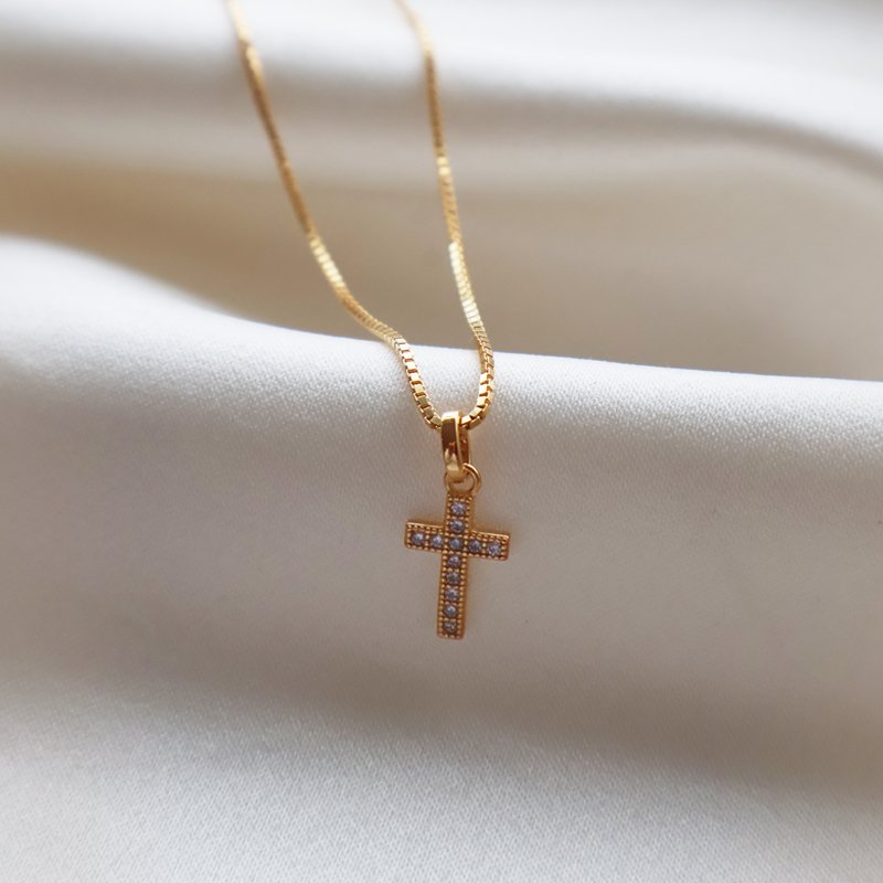 Charm - small gold cross in 18 carat gold plated with white gems