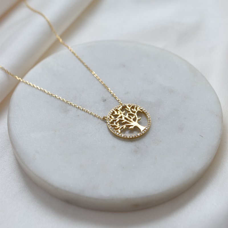 "Lykke" halsk�de med livets tr� og zirkonia sten i 18k forgyldt sterling s�lv