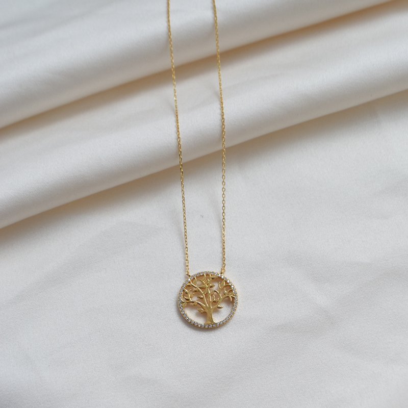 "Lykke" halsk�de med livets tr� og zirkonia sten i 18k forgyldt sterling s�lv