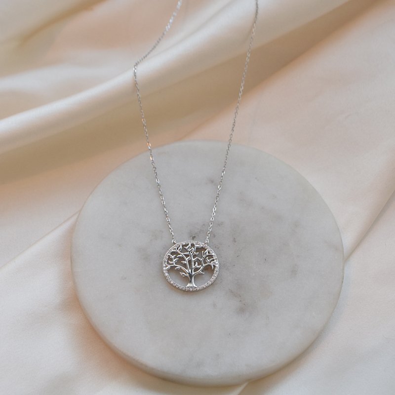 "Lykke" halsk�de med livets tr� og zirkonia sten i sterling s�lv 