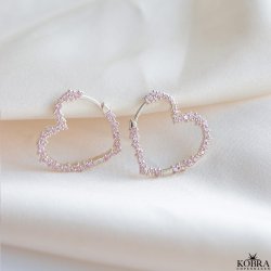 "Mikami" large silver heart earrings with pink stones