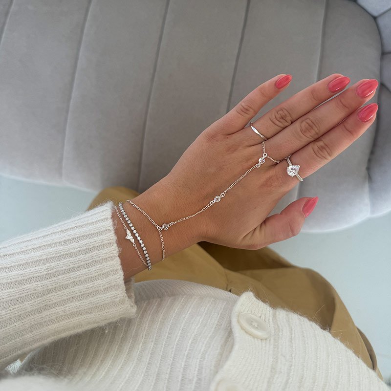 "Alessia" sterling silver hand chain with white zirconia