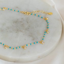 "Blue" gold-plated ankle chain with blue / turquoise pearls and white stones