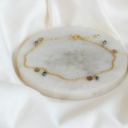 "Pittioni" gold ankle chain with blue freshwater pearls and small amulets