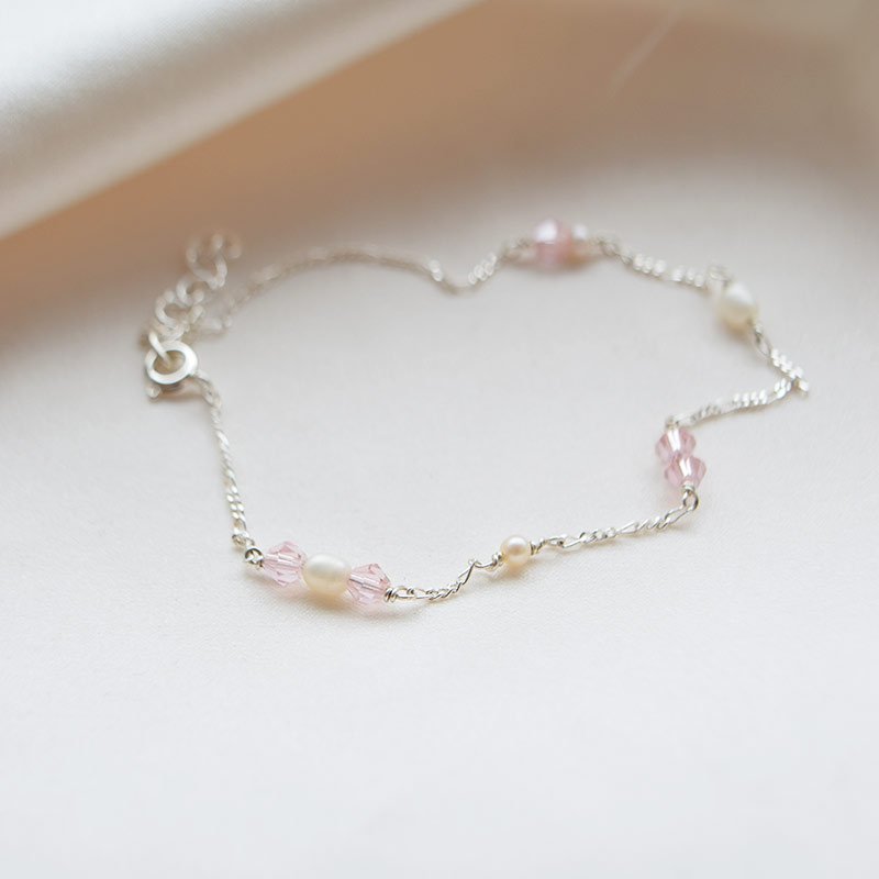 "Blush Pearl" Silver Anklet with Freshwater Pearls &amp; Pink Crystals