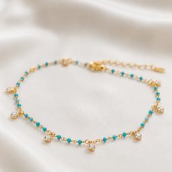 "Blue" gold-plated ankle chain with blue / turquoise pearls and white stones