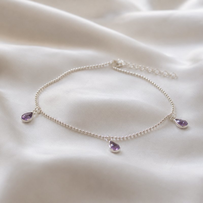 "Drops" silver anklet with drop shaped stone- Any color!