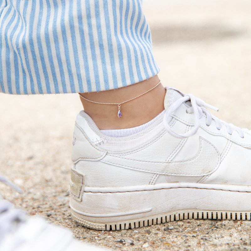 "Drops" s�lv ankelk�de med dr�beformet sten- Valgfri farve!