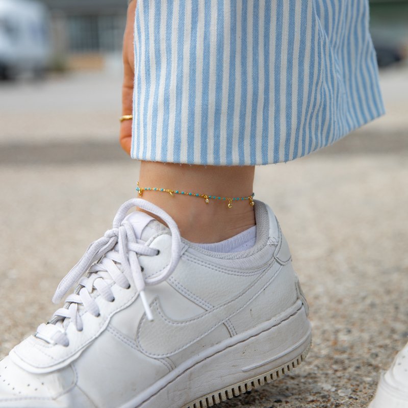 "Blue" gold-plated ankle chain with blue / turquoise pearls and white stones