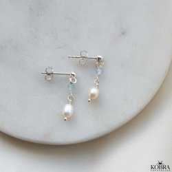 "Ellish" sm slv restikker med bl aquamarin samt hvid ferskvandsperle