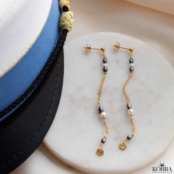 "Asta" gold earrings with genuine white and blue pearls