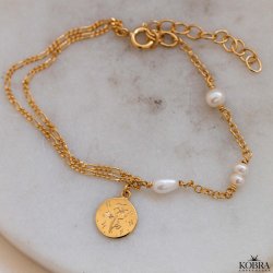"Birth Flower" handmade gold bracelet with genuine freshwater pearls
