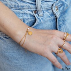 "Birth Flower" handmade gold bracelet with genuine freshwater pearls