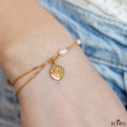 "Birth Flower" handmade gold bracelet with genuine freshwater pearls