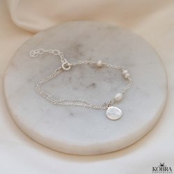 "Birth Flower" handmade silver bracelet with genuine freshwater pearls
