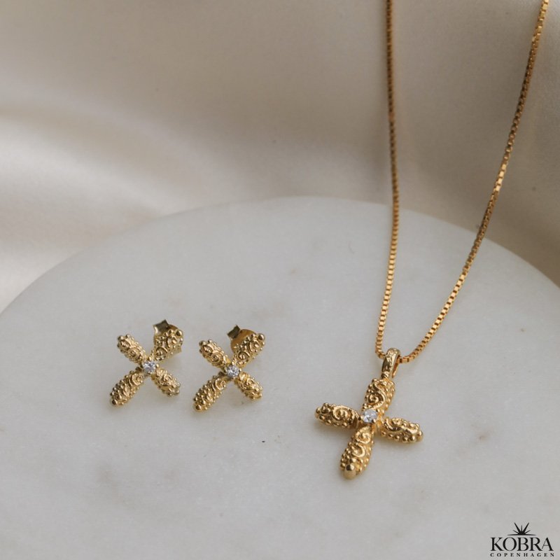"Blessed" 18 carat gold plated cross necklace with small stone