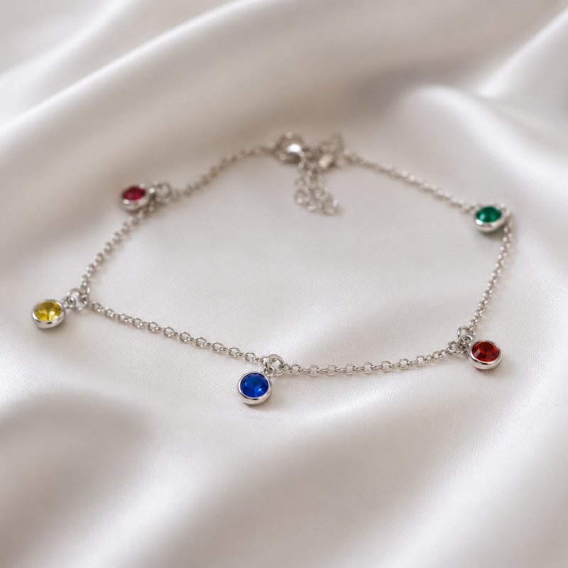"Colorful" silver ankle chain with multicolored glass stones