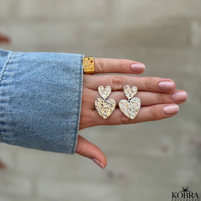 "Riannon" Double heart slv hjertereringe med banket overflade