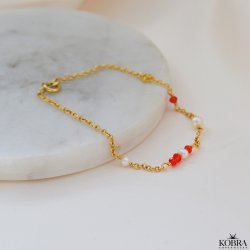 "Elina" guld armb�nd til studenten med r�de og hvide perler