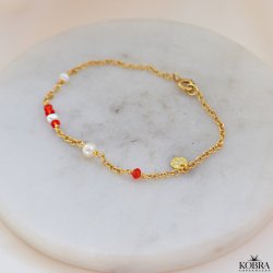 "Elina" guld armb�nd til studenten med r�de og hvide perler