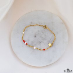 "Elina" guld armb�nd til studenten med r�de og hvide perler