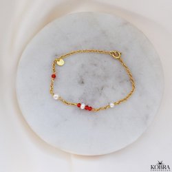 "Elina" guld armb�nd til studenten med r�de og hvide perler