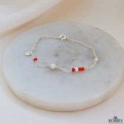 "Elina" slv armbnd til studenten med rde og hvide perler