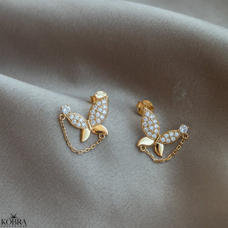 "Mariposa" sommerfugle-øreringe i guld med sten og kæde