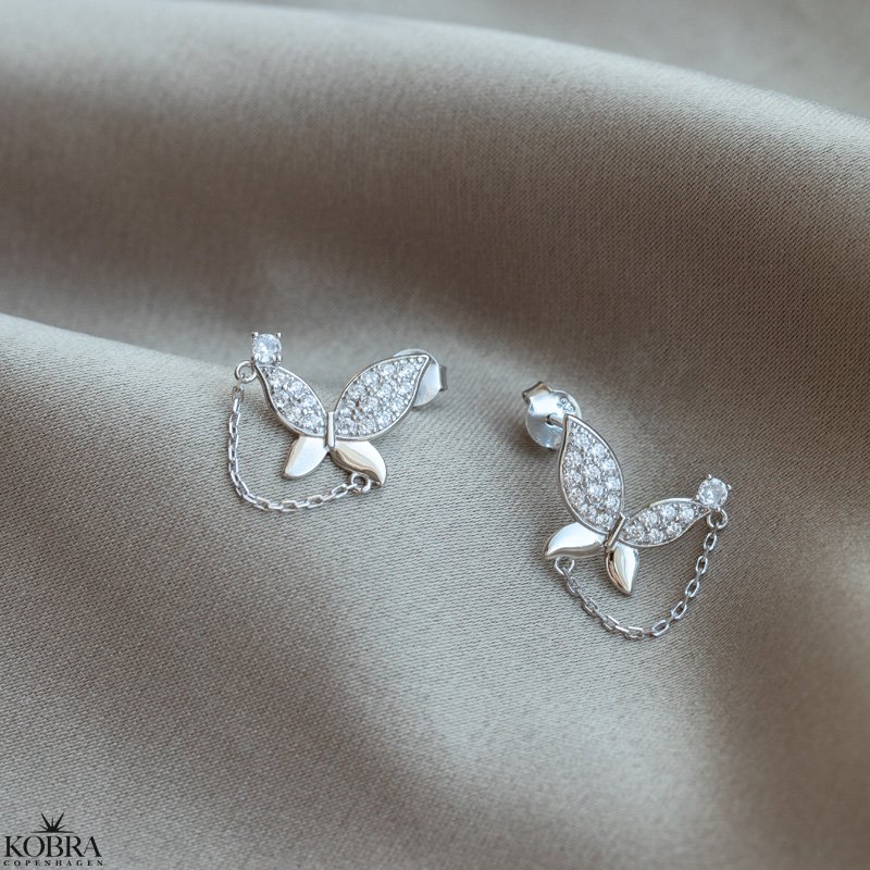 "Mariposa" butterfly earrings in silver with stones and chain