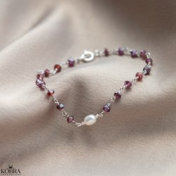 "Ellish" fint slvarmbnd med rde granater og perle 