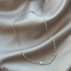 "Ellish" choker / halskde i guld med bl aquamariner og hvid ferskvandsperle