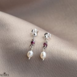 "Ellish" slv reringe med rde granater samt hvid perle