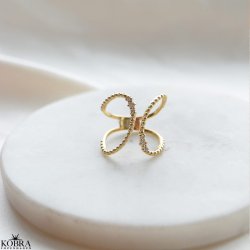 "Ivalo" V-Ring  18k forgyldt slv med guldkugler og hvide zirkonia