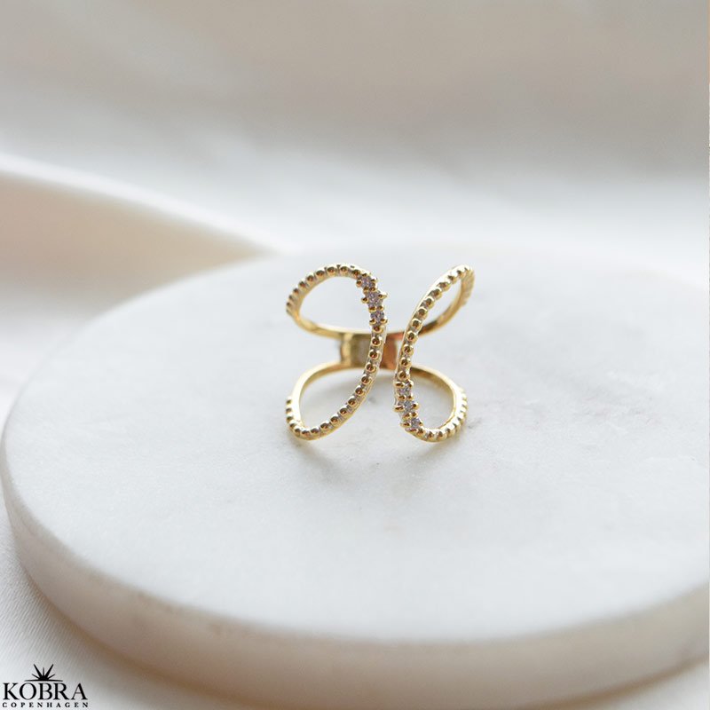 "Ivalo" V-Ring  18k forgyldt slv med guldkugler og hvide zirkonia