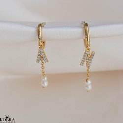"My Favorite" gold earrings with your letters and white freshwater pearls