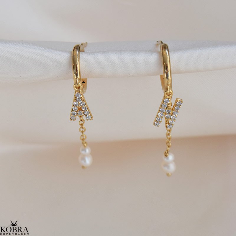 "My Favorite" gold earrings with your letters and white freshwater pearls