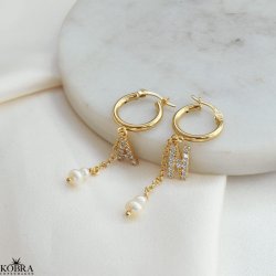 "My Favorite" gold earrings with your letters and white freshwater pearls