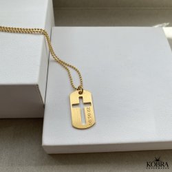 Dogtag med kors i 18 karat forgyldt, inklusiv gravering