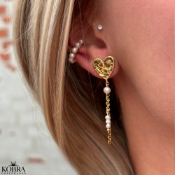 "Riannon" hammered gold heart earrings white freshwater pearls