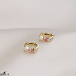 "Ava" small gold hoops with pink and white heart-shaped stones