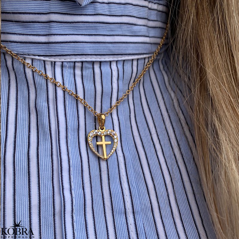 "Leah" guld hjerte kors halskde med hvide sten