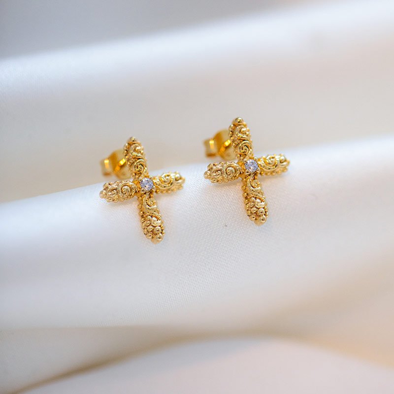"Blessed" 18 carat gold plated earrings with small crosses