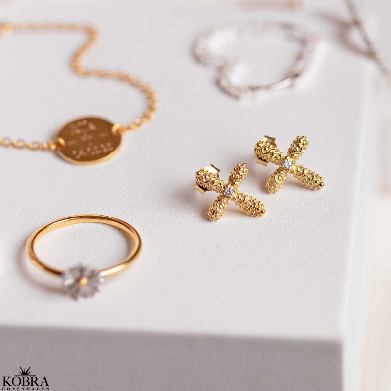 "Blessed" 18 carat gold plated earrings with small crosses