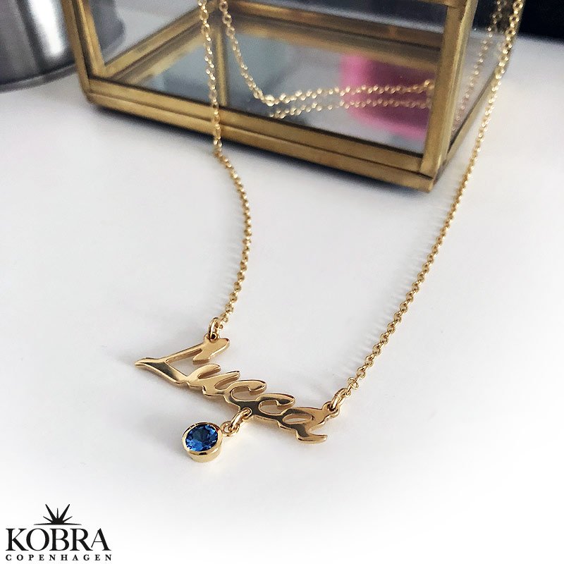 Guld navnehalskæde med din månedssten / birthstone